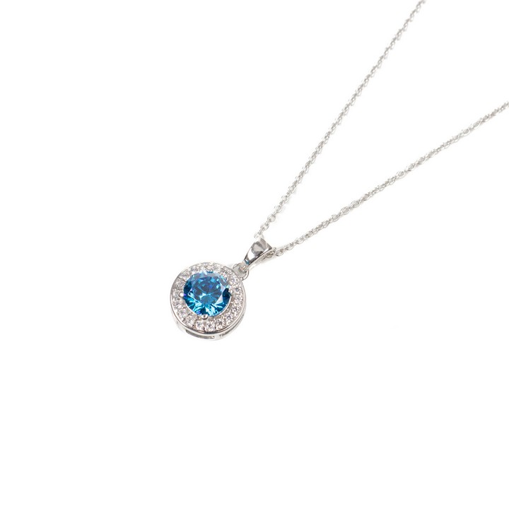 Silver Blue Round Faceted Stone with Clear Stone Pavé Halo Pendant, 1.5x1cm and Chain, 65cm, 2.6g