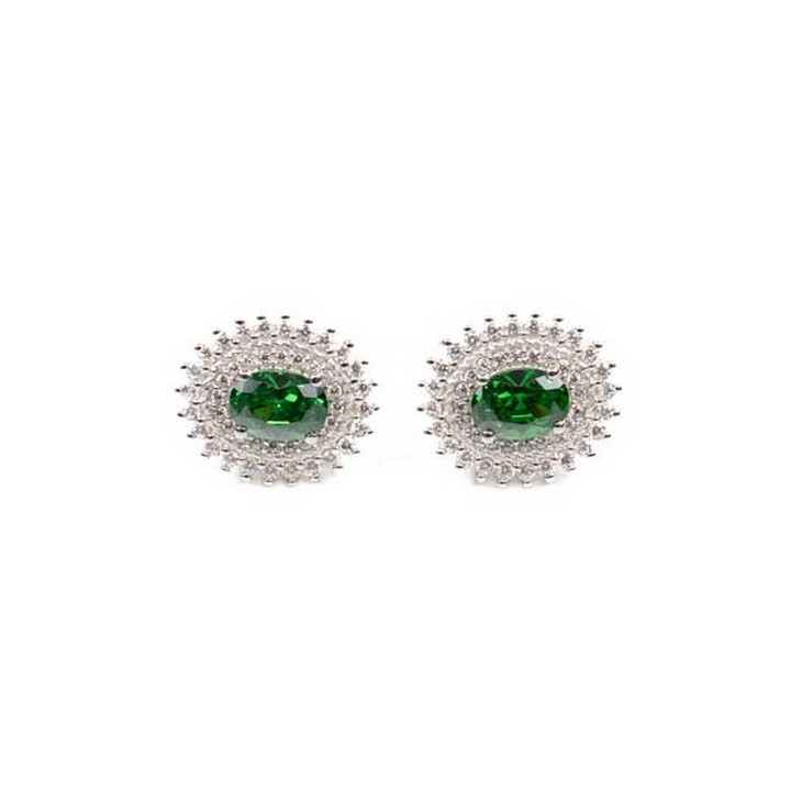 Silver Green Oval Faceted Stone with Double Clear Stone Halo Stud Earrings, 1.5x1.2cm, 4.7g