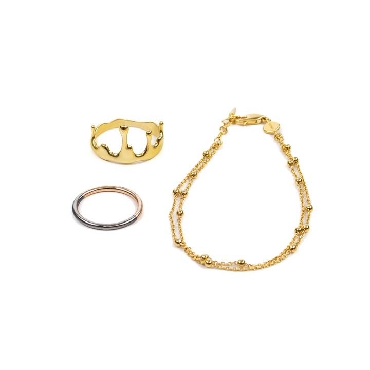 Silver Gold Plate Crown Ring, Size R, Silver Gold Plate Bi-Colour Band Ring, Size J and Silver Gold Plate Double Row Ball Bracelet, 16cm, total weight 6.2g (VAT Only Payable on Buyers Premium)