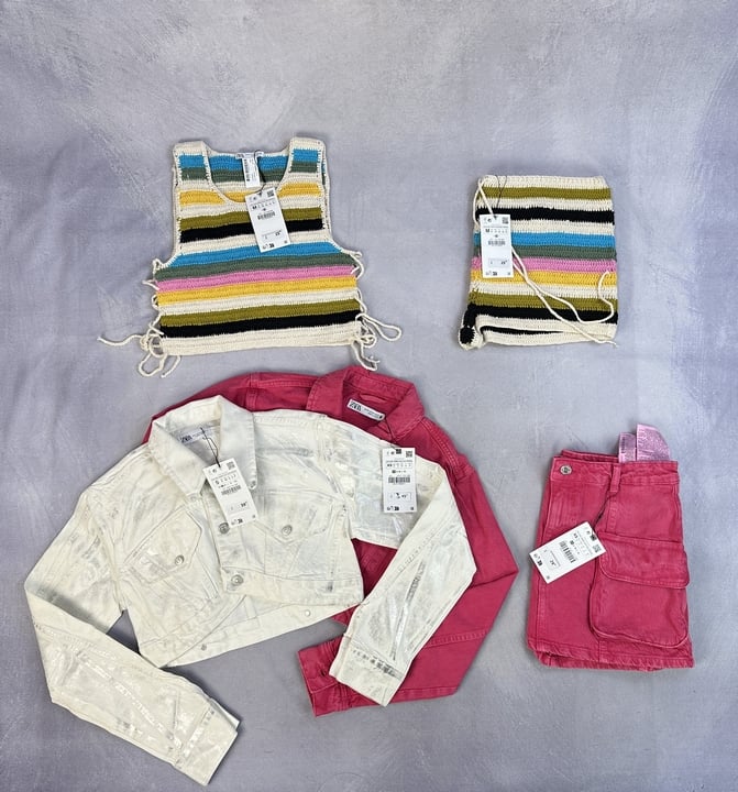 Zara Various Items With Tags, White Crop Jacket Size S, Pink Jacket & Skirt Size XS And Striped Top & Shorts Size M (MPSS03115115) (VAT ONLY PAYABLE ON BUYERS PREMIUM)