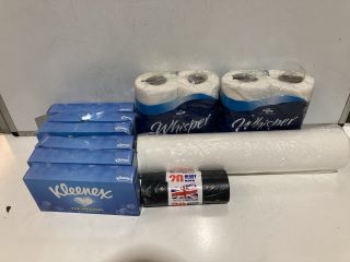 QTY OF ASSORTED ITEMS TO INCLUDE WHISPER SOFT TOILET ROLL, KLEENEX DISPOSABLE TISSUES