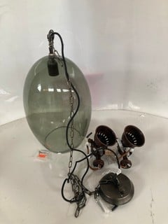 2X NKUKU TUBU BRASS SPOT LIGHTS - RUST - WITH A NKUKU GLASS PENDANT - GREEN SMOKED LARGE - TOTAL RRP £470