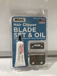 BOX OF ITEMS TO INCLUDE WAHL HAIR CLIPPER BLADE SET & OIL