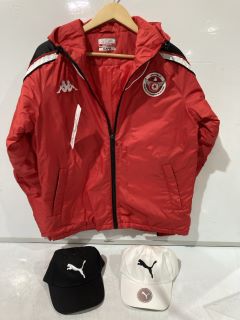 QTY OF ITEMS TO INC KAPPA FEDERATION TUNISIENNE DE FOOTBALL JACKET RED SIZE M & PUMA BASEBALL CAP BLACK