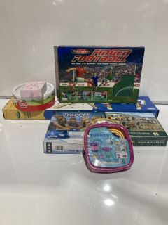 QTY OF CHILDRENS TOYS TO INCLUDE SUBBUTEO TABLE FOOTBALL SET & GRASSHOPPER GAMES GARDEN LIMBOSET