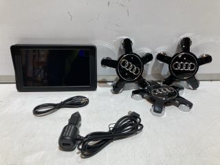 QTY OF ITEMS TO INCLUDE AKODA AUTOMOTIVE 7INCH CAR MULTIMEDIA PLAYER AND 135MM AUDI RIM CENTER CAPS