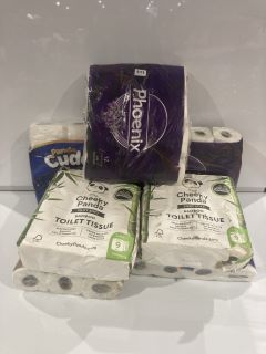 QTY OF ASSORTED ITEMS TO INC PHOENIX LAVENDER LUXURY TOILET TISSUE & THE CHEEKY PANDA SILKY SOFT BAMBOO TOILET TISSUE