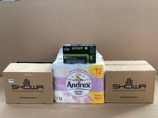 2 X BOXES OF SHOWA CHEM REST NITRILE EXAMINATION GLOVES IN SIZE XL TO ALSO INCLUDE 6 X PACKS OF ANDREX TOILET ROLLS: LOCATION - C10