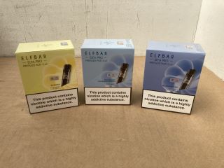 3 X BOXES OF ELFBAR ELFA PRO PRE FILLED 2ML 20MG VAPES IN BANANA/BLUEBERRY/BLUEBERRY SOUR RASPBERRY - (PLEASE NOTE: 18+YEARS ONLY. ID MAY BE REQUIRED): LOCATION - D0