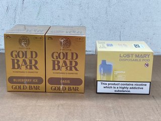 2 X BOXES OF GOLD BAR 20MG VAPES IN BLUEBERRY ICE/OASIS TO ALSO INCLUDE BOX OF LOST MARY DISPOSABLE VAPES IN PINEAPPLE ICE - (PLEASE NOTE: 18+YEARS ONLY. ID MAY BE REQUIRED): LOCATION - D0