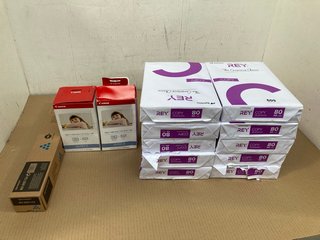 10 X PACKS OF REY A4 COPIER PAPER TO ALSO INCLUDE 2 X CANON KP-108IN SELPHY CP COLOUR INK/PAPER SETS & SHARP MX-61GT-CA TONER CARTRIDGE IN CYAN: LOCATION - B10