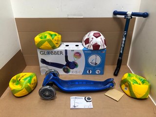 PRIMO FOLDABLE PLUS SCOOTER IN LIGHT BLUE TO INCLUDE 4X MITRE IMPEL SIZE 5 FOOTBALL IN YELLOW/GREEN: LOCATION - B9