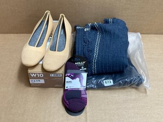 QTY OF ASSORTED CLOTHING TO INCLUDE ALLBIRDS TREE BREEZER SHOES IN LUX BEIGE UK SIZE 7/7.5: LOCATION - B7