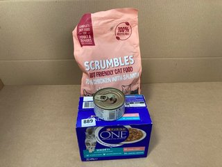 4X PET FOOD ITEMS TO INCLUDE PURINA ONE SENIOR 7+ CAT FOOD BBE: APRIL 2024 AND SCRUMBLES GUT FRIENDLY CAT FOOD BBE: MAY 2025: LOCATION - B0