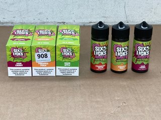 3 X BOXES OF SIX LICKS TONGUE TWISTERS 10ML 20MG SALTS IN SOUR CHERRY/PINEAPPLE PEACH/GREEN APPLE TO ALSO 3 X SIX LICKS TONGUE TWISTER 100ML 0MG VAPE JUICE IN PINEAPPLE PEACH/STRAWBERRY MELON/SOUR CH