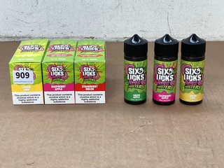 3 X BOXES OF SIX LICKS TONGUE TWISTERS 10ML 20MG SALTS IN LEMON LIME/STRAWBERRY MELON/RASPBERRY APPLE TO ALSO 3 X SIX LICKS TONGUE TWISTER 100ML 0MG VAPE JUICE IN RASPBERRY APPLE/GREEN APPLE/LEMON LI