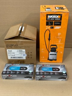 WORX WG829E.9 20V 5L PRESSURE SPRAYER TO ALSO INCLUDE BOX OF ANSELL MICROFLEX MIDKNIGHT NITRILE EXAMINATION GLOVES IN SIZE XL: LOCATION - C1