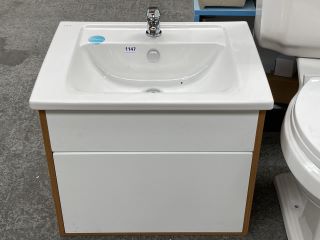 (COLLECTION ONLY) WALL HUNG 1 DRAWER SINK UNIT IN WHITE & BAMBOO WITH A 600 X 460MM 1TH CERAMIC BASIN COMPLETE WITH MONO BASIN MIXER TAP & CHROME SPRUNG WASTE - RRP £725: LOCATION - D6