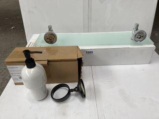 TRADITIONAL FROSTED GLASS VANITY SHELF WITH BLACK SOAP DISH, DISPENSER & HOLDER: LOCATION - D8R