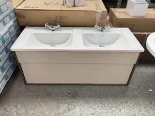 (COLLECTION ONLY) VITRA WALL HUNG 1 DRAWER TWIN SINK UNIT IN CASHMERE & WALNUT WITH 1200 X 465MM TWIN CERAMIC BASIN TOP (REPAIRABLE CHIP TO REAR LEFT CORNER) COMPLETE WITH 2 X TRADITIONAL CROSSHEAD M