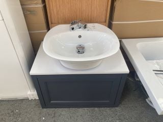 (COLLECTION ONLY) WALL HUNG 1 DRAWER COUNTERTOP SINK UNIT IN PEWTER & WHITE 670 X 400MM WITH A 1TH CERAMIC BASIN COMPLETE WITH MONO BASIN MIXER TAP & CHROME SPRUNG WASTE: LOCATION - C1