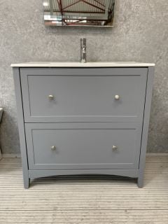 (COLLECTION ONLY) FLOOR STANDING 2 DRAWER SINK UNIT IN DOVE GREY WITH A 810 X 400MM 1TH CERAMIC BASIN COMPLETE WITH MONO BASIN MIXER TAP & CHROME SPRUNG WASTE - RRP £780: LOCATION - BOOTH