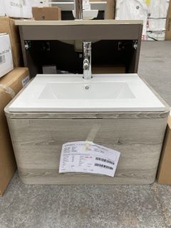 (COLLECTION ONLY) VITRA NEST 1 DRAWER WALL HUNG 600MM WIDE VANITY UNIT IN GREY NATURAL WOOD WITH A 520 X 400MM 1TH CERAMIC INSET BASIN COMPLETE WITH MONO BASIN MIXER TAP & CHROME SPRUNG WASTE - RRP £