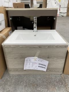 VITRA NEST 1 DRAWER WALL HUNG 600MM WIDE VANITY UNIT IN GREY NATURAL WOOD WITH A 520 X 400MM 1TH CERAMIC INSET BASIN COMPLETE WITH MONO BASIN MIXER TAP & CHROME SPRUNG WASTE - RRP £1598: LOCATION - D