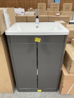 (COLLECTION ONLY) FLOOR STANDING 2 DOOR SINK UNIT IN GRAPHITE GREY GLOSS WITH A 610 X 450MM 1TH POLYMARBLE BASIN COMPLETE WITH MONO BASIN MIXER TAP IN CHROME WITH POP-UP WASTE - RRP £745: LOCATION -