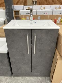 (COLLECTION ONLY) FLOOR STANDING 2 DOOR SINK UNIT IN GREY STONE WITH A 610 X 400MM 1TH CERAMIC BASIN COMPLETE WITH MONO BASIN MIXER TAP & CHROME SPRUNG WASTE - RRP £730: LOCATION - D3