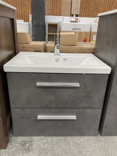 (COLLECTION ONLY) WALL HUNG 2 DRAWER SINK UNIT IN GREY STONE WITH A 610 X 400MM 1TH CERAMIC BASIN COMPLETE WITH MONO BASIN MIXER TAP & CHROME POP-UP WASTE - RRP £735: LOCATION - D3