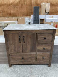 (COLLECTION ONLY) FLOOR STANDING 2 DOOR 4 DRAWER SINK UNIT IN DARK OAK WITH A 900 X 500MM GREY MARBLE COUNTERTOP WITH CERAMIC UNDERMOUNT WITH A CHROME MONO BASIN MIXER WITH ADJUSTABLE HEAD WITH POP-U