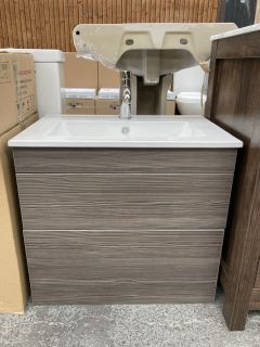 (COLLECTION ONLY) WALL HUNG 2 DRAWER SINK UNIT IN BROWN GREY EVOLA WITH A 610 X 400MM 1TH CERAMIC BASIN COMPLETE WITH MONO BASIN MIXER TAP & CHROME SPRUNG WASTE - RRP £740: LOCATION - D4