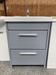 (COLLECTION ONLY) FLOOR STANDING 2 DRAWER SINK UNIT IN LIGHT GREY WITH A 600 X 400MM 1TH POLYMARBLE BASIN COMPLETE WITH MONO BASIN MIXER TAP & CHROME SPRUNG WASTE - RRP £715: LOCATION - D4