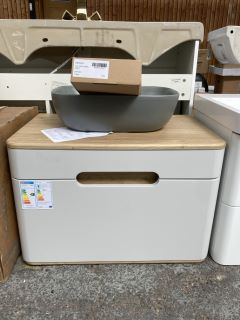 VITRA SENTO 1 DRAWER LED ILLUMINATED COUNTERTOP SINK UNIT IN MATT LIGHT GREY & OAK 700 X 450MM WITH A GREY CERAMIC VESSEL BASIN COMPLETE WITH HIGH MONO BASIN MIXER TAP & CHROME SPRUNG WASTE - RRP £15