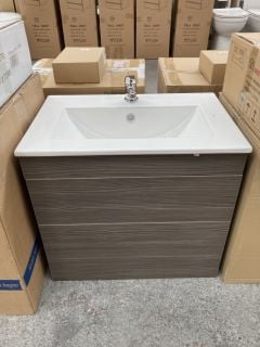 (COLLECTION ONLY) WALL HUNG 2 DRAWER SINK UNIT IN BROWN GREY EVOLA WITH A 610 X 400MM 1TH CERAMIC BASIN COMPLETE WITH MONO BASIN MIXER TAP & CHROME SPRUNG WASTE - RRP £740: LOCATION - D2