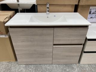 (COLLECTION ONLY) WALL HUNG 1 DOOR 2 DRAWER SINK UNIT IN LIGHT WITH A 1010 X 470MM 1TH CERAMIC BASIN COMPLETE WITH MONO BASIN MIXER TAP & CHROME SPRUNG WASTE - RRP £980: LOCATION - D3