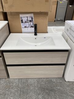 (COLLECTION ONLY) WALL HUNG 2 DRAWER SINK UNIT IN NORDIC ASH WITH A 810 X 470MM 1TH CERAMIC BASIN COMPLETE WITH BLACK MONO BASIN MIXER TAP & SPRUNG WASTE - RRP £860: LOCATION - D3