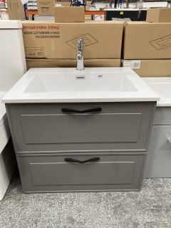 (COLLECTION ONLY) WALL HUNG 2 DRAWER SINK UNIT IN STONE GREY WITH A 605 X 480MM 1TH POLYMARBLE BASIN COMPLETE WITH MONO BASIN MIXER TAP & CHROME SPRUNG WASTE - RRP £720: LOCATION - D4