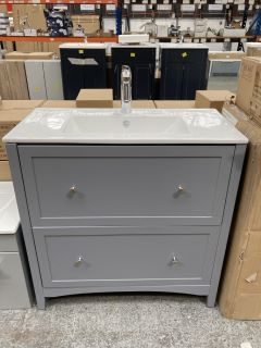 (COLLECTION ONLY) FLOOR STANDING 2 DRAWER SINK UNIT IN LIGHT GREY WITH A 810 X 400MM 1TH CERAMIC BASIN COMPLETE WITH A MONO BASIN MIXER TAP IN CHROME WITH POP-UP WASTE - RRP £840: LOCATION - D4