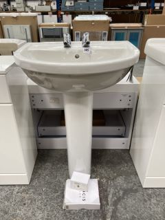 (COLLECTION ONLY) 600MM WIDE 2TH CERAMIC BASIN WITH FULL PEDESTAL COMPLETE WITH PAIR OF CHROME PILLAR TAPS & PLUG & CHAIN WASTE - RRP £340: LOCATION - D5