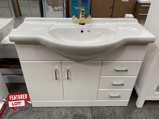 (COLLECTION ONLY) FLOOR STANDING 2 DOOR 3 DRAWER SEMI-RECESSED SINK UNIT IN WHITE WITH A 1050 X 500MM 1TH CERAMIC VANITY TOP COMPLETE WITH POLISHED BRASS MONO BASIN MIXER TAP WITH ADJUSTABLE HEAD & P