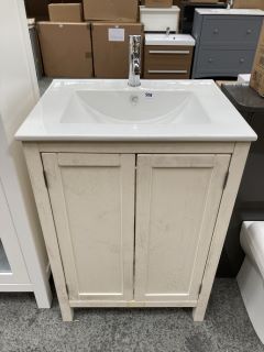 (COLLECTION ONLY) FLOOR STANDING 2 DOOR SINK UNIT IN IVORY WITH A 610 X 470MM 1TH CERAMIC BASIN COMPLETE WITH MONO BASIN MIXER TAP & CHROME SPRUNG WASTE - RRP £720: LOCATION - D5