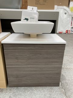 (COLLECTION ONLY) WALL HUNG 2 DRAWER COUNTERTOP SINK UNIT IN BROWN GREY EVOLA & WHITE 600 X 400MM WITH A CERAMIC VESSEL BASIN COMPLETE WITH BLACK WALL MOUNTED BASIN MIXER & SPRUNG WASTE - RRP £740: L