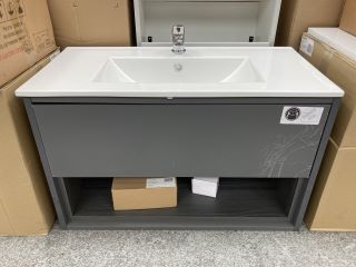 (COLLECTION ONLY) WALL HUNG 1 DRAWER SINK UNIT WITH OPEN SHELF IN GLOSS GREY & GREY WOODGRAIN WITH A 810 X 400MM 1TH CERAMIC BASIN COMPLETE WITH MONO BASIN MIXER TAP & CHROME SPRUNG WASTE - RRP £820: