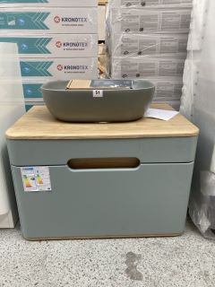 (COLLECTION ONLY) VITRA WALL HUNG 1 DRAWER ILLUMINATED COUNTER TOP SINK UNIT IN SAGE GREEN & OAK 705 X 450MM WITH A GREY CERAMIC VESSEL BASIN COMPLETE WITH A WALL MOUNTED BASIN MIXER & CHROME SPRUNG: