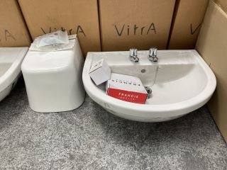 (COLLECTION ONLY) 600MM WIDE 2TH CERAMIC BASIN WITH SEMI PEDESTAL WITH PAIR OF ALL CHROME PILLAR TAPS & PLUG & CHAIN WASTE - RRP £305: LOCATION - D4