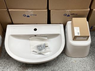 (COLLECTION ONLY) 650MM WIDE 1TH CERAMIC BASIN WITH SEMI PEDESTAL WITH MONO BASIN MIXER TAP & CHROME SPRUNG WASTE - RRP £460: LOCATION - D5