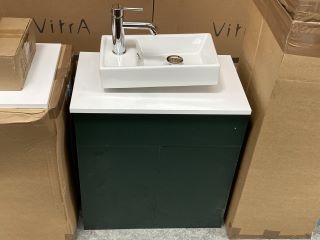 (COLLECTION ONLY) FLOOR STANDING 2 DOOR COUNTERTOP SINK UNIT IN FIR GREEN & WHITE 600 X 360MM WITH A STH CERAMIC BASIN COMPLETE WITH MONO BASIN MIXER TAP & CHROME SPRUNG WASTE - RRP £699: LOCATION -