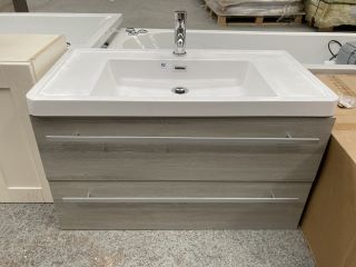 (COLLECTION ONLY) WALL HUNG 2 DRAWER SINK UNIT IN GREY OAK EFFECT WITH A 900 X 485MM 1TH POLYMARBLE BASIN COMPLETE WITH A MONO BASIN MIXER TAP & CHROME SPRUNG WASTE - RRP £785: LOCATION - C2